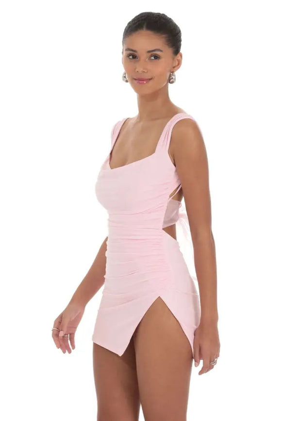 Tulle Back Bow Ruched Bodycon