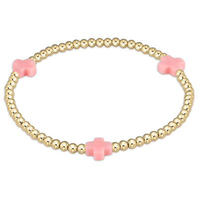 Signature Cross Small Gold 2mm Beaded Bracelet - Pink