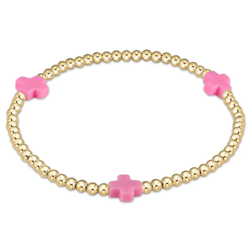 Signature Cross Gold 3mm Beaded Bracelet - Bright Pink