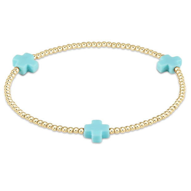 Signature Cross Small Gold 2mm Beaded Bracelet - Turquoise