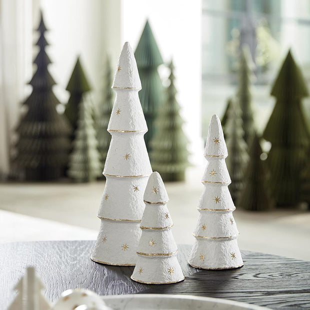 Paper-Mache Tree - White Gold Stars - Set of 3