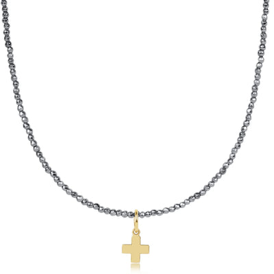 Choker Silver Faceted Hematite 2mm - signature cross gold charm