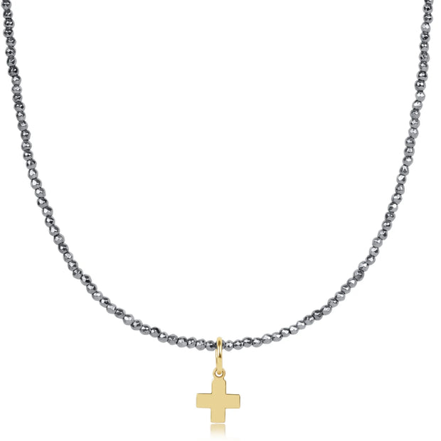 Choker Silver Faceted Hematite 2mm - signature cross gold charm