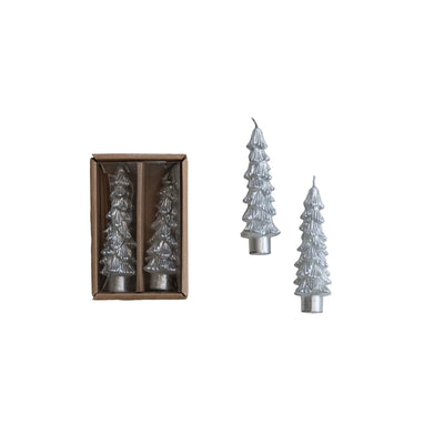 Unscented Tree Shaped Taper Candles Set of 2 Silver