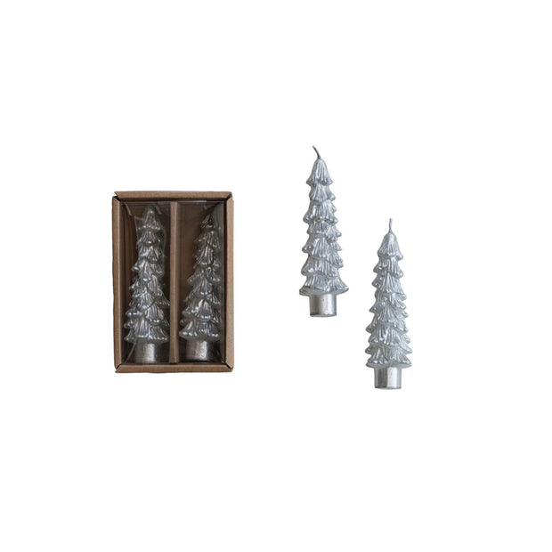 Unscented Tree Shaped Taper Candles Set of 2 Silver