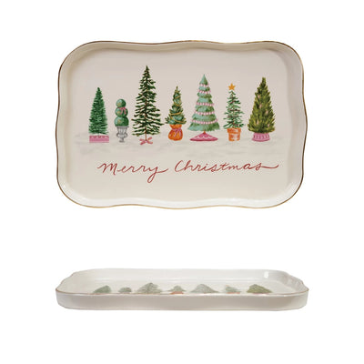 Stoneware Scalloped Platter with Trees