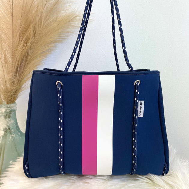 AHDORNED Neoprene Tote Bag - Navy Striped – Mays Street Boutique