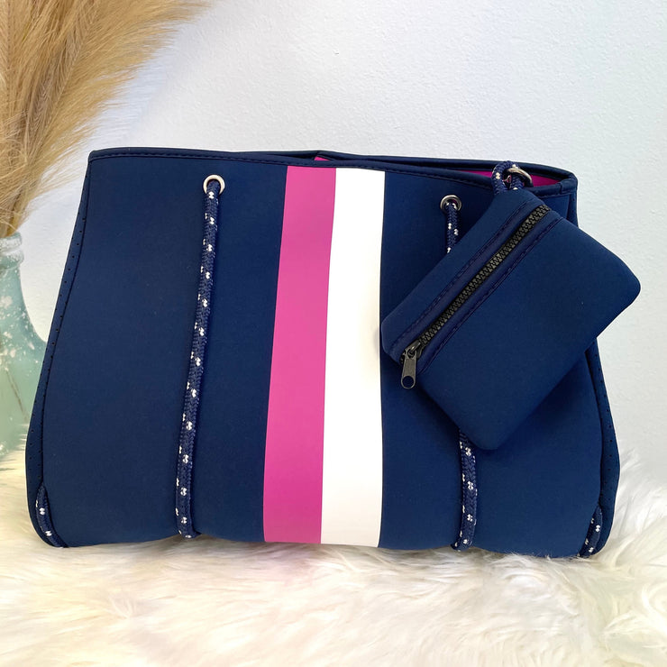 AHDORNED Neoprene Tote Bag - Navy Striped – Mays Street Boutique