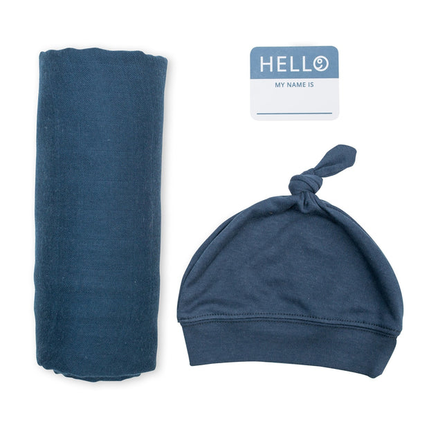 Lulujo Hello World Hat & Swaddle Set – Navy